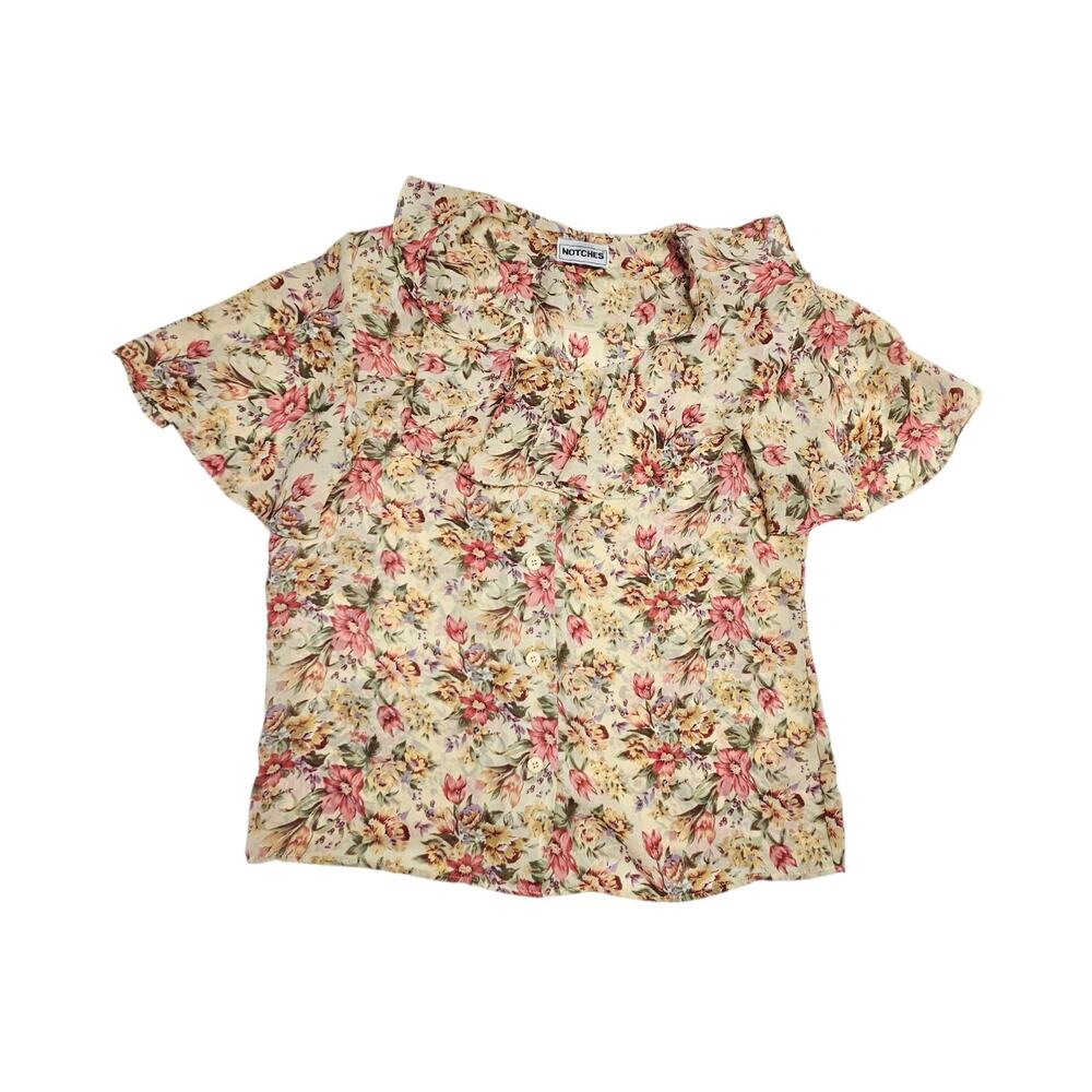 Vintage 90s Floral Button Up Blouse Short-Sleeve Large Pink Yellow Flowy Career